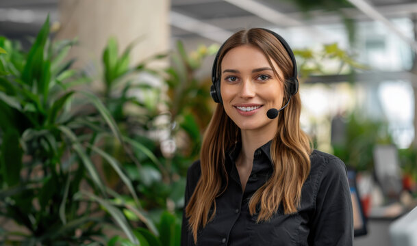 Call Center Service - attractive customer support or sales agent. Confident caller or receptionist phone operator. Copy space. Helping, answering, consulting. Against blurred office background.