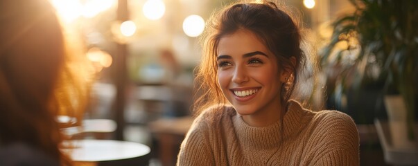 Friends chatting at a cafe, warm tones, candid shot, blank space on the left