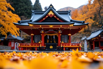 Japanese vermillion shrine nestled among autumn leaves, captured in a photo that contrasts the rich color of the structure with the golden hues of fall