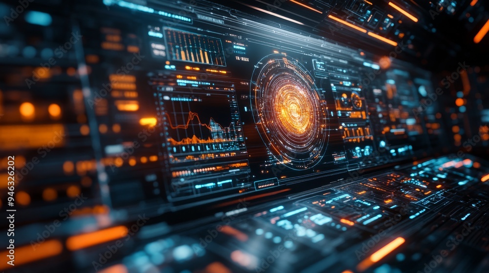 Poster a holographic interface showcases an array of portfolio data in a sleek, futuristic environment, ill