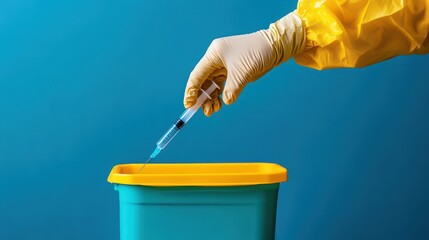 A medical professional disposing of a syringe in a bright, colored waste container, symbolizing safety and hygiene practices.