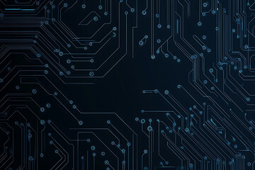  Abstract representation of a circuit board with glowing neon lines and geometric patterns against a dark background. The image evokes a high-tech, futuristic feel with ample copy space