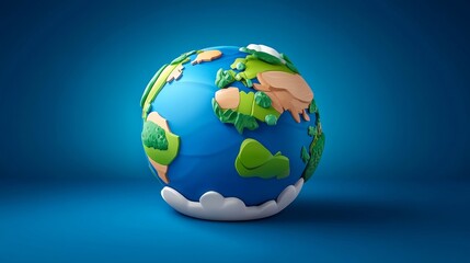 Fototapeta premium A 3D cartoon illustration of a blue and green planet earth with clouds on a blue background.