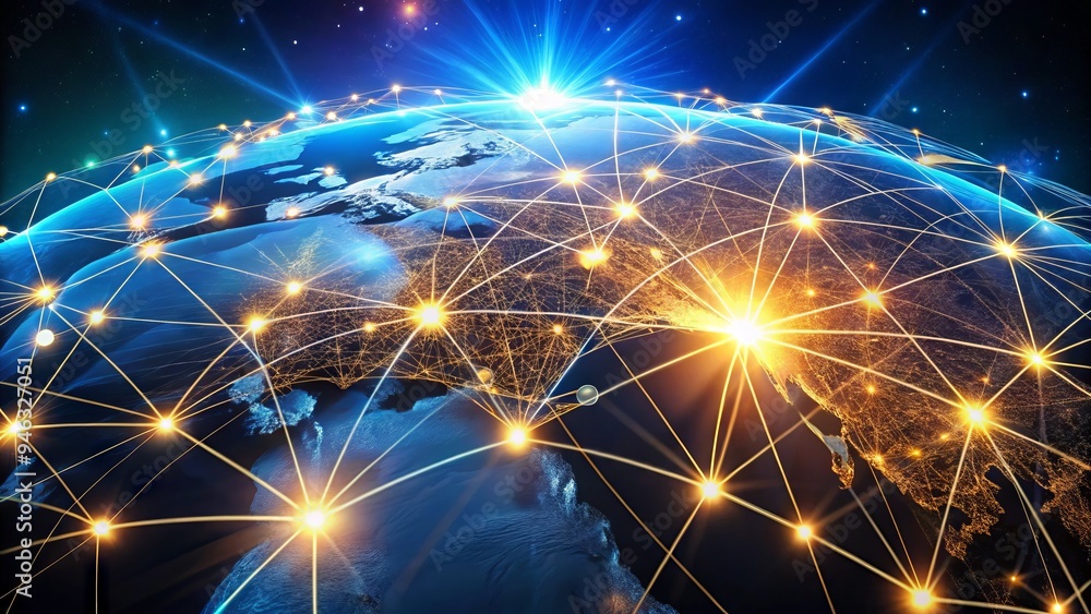 Poster global business digital infrastructure represented by interconnected glowing nodes and lines forming