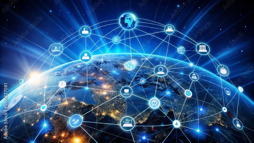 Poster global iot concept illustration featuring interconnected devices, sensors, and networks spanning the