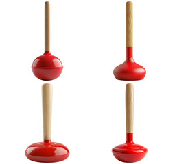 Two red toilet plungers with wooden handles isolated on transparent background