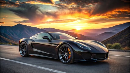 Naklejka premium Glossy, black, high-performance sports car with scissor doors, sleek curves, and aggressive lines, parked on a dark asphalt road at sunset with mountainous background.