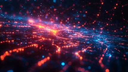 Fototapeta premium A vibrant holographic interface reveals complex connections with glowing points of light, showcasing dynamic data flow in a digital environment.