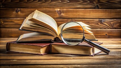 Glossy wooden desk with a stack of open books, a dictionary, and a magnifying glass, symbolizing knowledge, research, and understanding of complex terms and definitions.