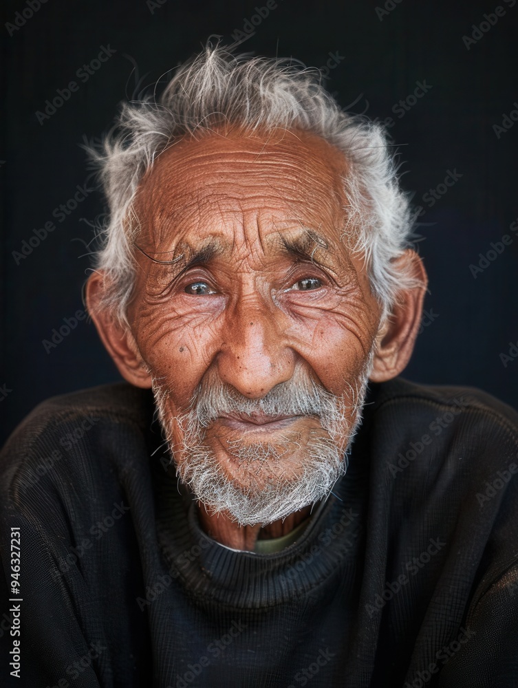 Poster an elderly man displays a deep sense of wisdom and calmness through his expressive features, reflect