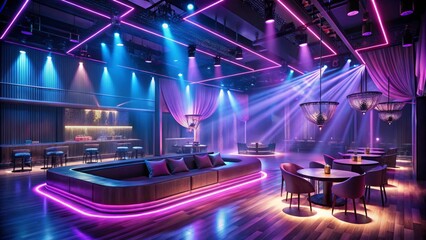 Glowing neon lights illuminate a sleek, modern nightclub's stainless steel bar, velvet drapes, and pulsating dance floor, surrounded by luxurious VIP lounges and fog machines.