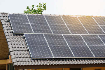 Naklejka premium Houses that use solar cells Generating electricity for own use, concept, renewable energy, energy and environment conservation, global warming.