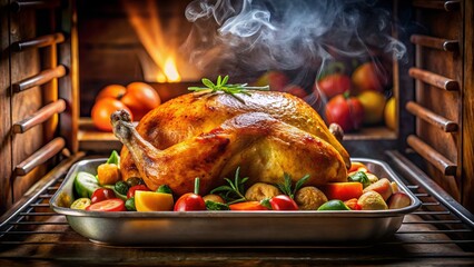 Naklejka premium Golden-brown roasted chicken and steaming vegetables fill a well-lit oven interior, making mouths water with savory aromas and warm, inviting tones.