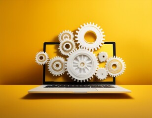 Laptop and white gears on yellow background, teamwork concept