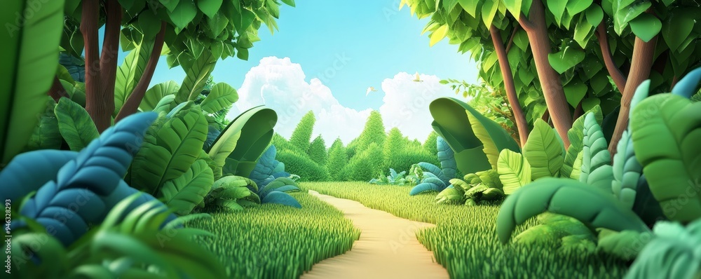 Poster a lush, green forest path with sunlight filtering through the trees.