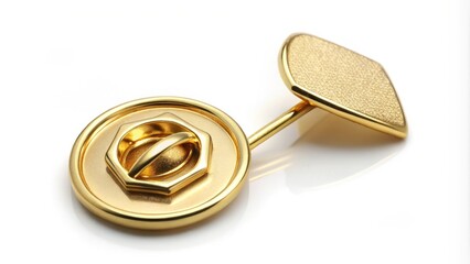 Golden lapel pin on a white background, customizable design template for branding, corporate identity, or fashion accessory with a modern metallic finish.