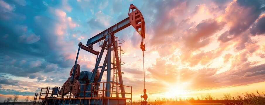 Oil pumpjack working in an open field extracting crude oil under a dramatic sunset sky, highlighting the fossil fuel industry and energy production..