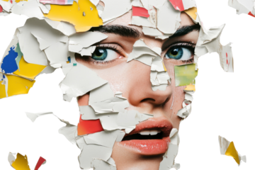 Torn Paper Portrait, Close-up of face emerging from torn paper layers, Isolated on black background, Artistic Expression
