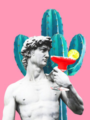 Contemporary art collage, Statue, summer and cocktails