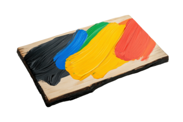 Colorful Paint Strokes on Wood, Vibrant paint applied on wooden plank, Isolated on black background, Artistic Expression