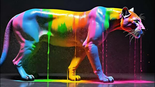 Colorful panther covered in vibrant dripping paint, standing against a dark background, creating a striking and artistic contrast.