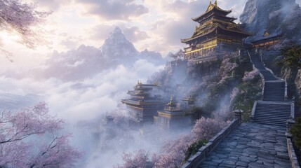 A majestic temple perched high on a misty mountain peak