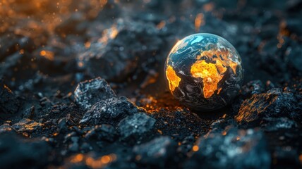 Dystopian Earth globe on dark, cracked ground.