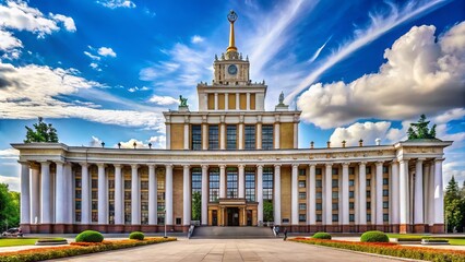 Grandiose, imposing, and ornate monumental building with sweeping arches, columns, and intricate stonework, evoking a sense of authoritarian grandeur and Soviet-era historical significance.