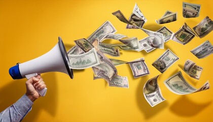 Fototapeta premium Megaphone and falling banknotes on yellow background, marketing concept, Generative AI