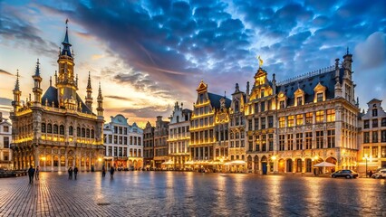 Fototapeta premium Grand Place's ornate Gothic and Baroque architecture shines brightly at dusk in the heart of Brussels, capital city of the European Union.