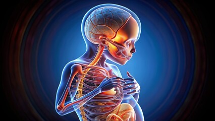 High-contrast 3D medical visualization of a fetus's detailed skeletal structure and internal organs, illuminated against a dark background, highlighting advanced prenatal care technology.