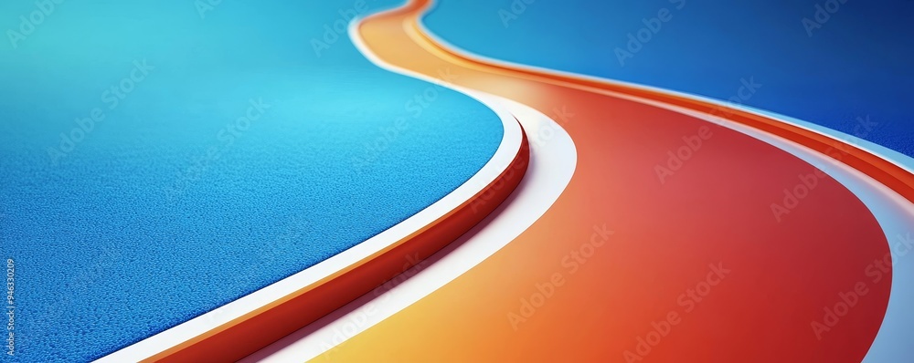 Poster abstract background with a curved red and white path against a blue backdrop.