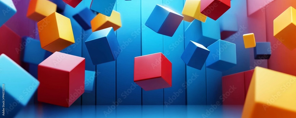 Poster abstract background with colorful cubes floating in front of a blue wall.