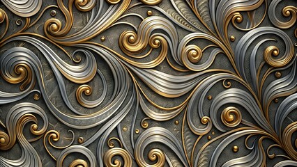 Highly detailed seamless metal texture with intricate patterns of swirling silver and gold metallic threads on a dark gray industrial background.