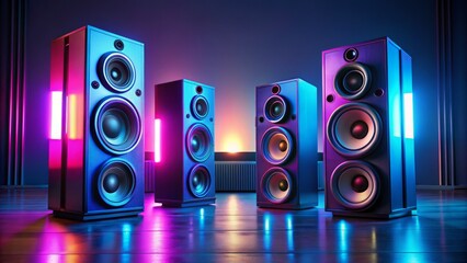 High-powered speakers with large woofers and sleek designs, amplifying deep bass sounds in a dimly lit, modern home entertainment system setup with neon accents.