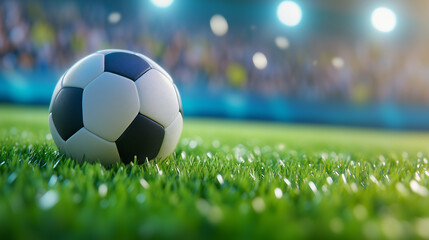 Naklejka premium Soccer Ball on Green Field: A classic soccer ball rests on a lush green field under the bright lights of a stadium, capturing the anticipation and excitement of a game yet to be played. 