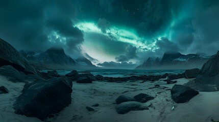 Wide-angle panoramic landscape of the Lofoten Islands in Norway, with rocks and a beach at night under a dramatic sky, featuring the northern lights and epic green-blue colors in a cinematic style