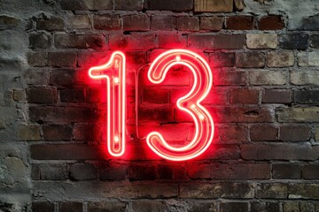 Lucky or Unlucky: Vibrant Red Neon Number 13 on a Brick Wall
