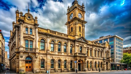 Fototapeta premium Historic former postal building with ornate clock tower, worn stone façade, and faded signage, evoking nostalgia for a bygone era of communication.