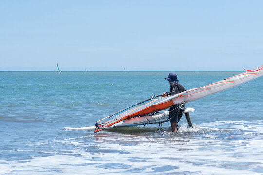 A male surfer prepares for windsurfing on the beach