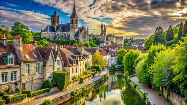 Historic Ville de Senlis, France, showcases medieval architecture, cobblestone streets, and picturesque canals, surrounded by lush green forests and rolling hills in the Oise Valley.
