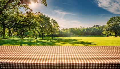 Obraz premium Picnic in park with garden and trees, Picnic table in park with trees, Generative AI