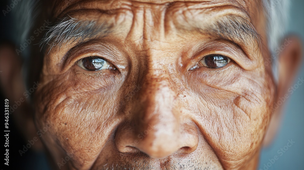 Poster an elderly man from diverse ethnicities embodies wisdom and tranquility, his expression reflecting a