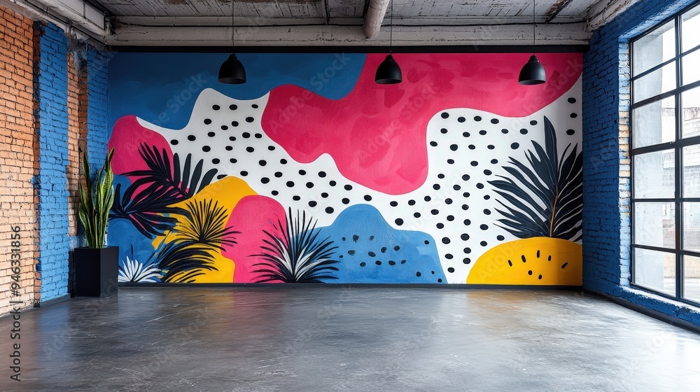Aufkleber a colorful mural featuring bold shapes and tropical designs adorns the wall of a spacious studio wit
