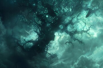 Mystical Tree Silhouette in a Dreamlike Nebula.