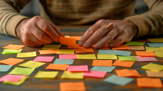 Man organizing colorful sticky notes on a wooden desk