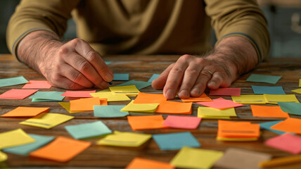 Naklejka premium Man organizing colorful sticky notes on a wooden desk
