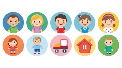 Fototapeta premium Illustrations of various childhood stages from infancy to adolescence, depicted as colorful icons showcasing milestones and developmental phases in a playful and simplified manner.