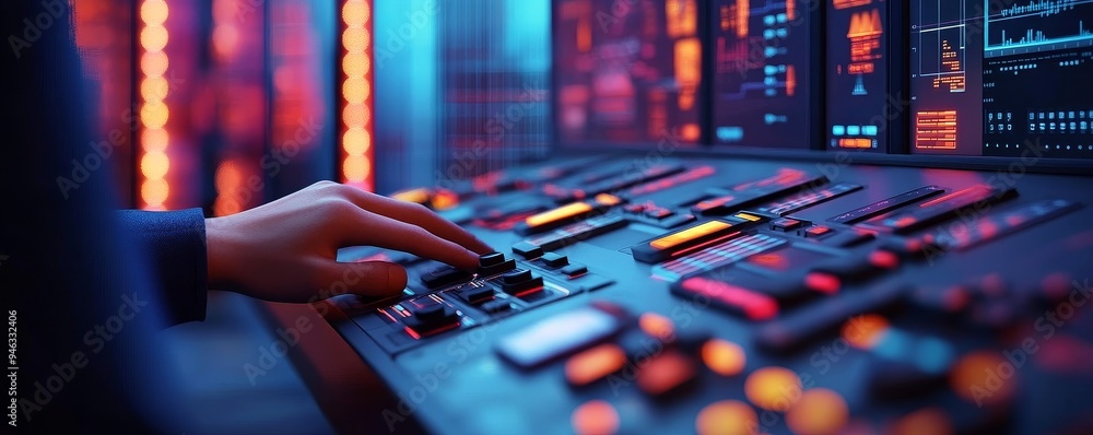 Poster hand reaching for buttons on a control panel in a dark room with colorful lights.