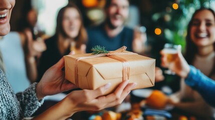 Friends share joy and laughter as they exchange beautifully wrapped gifts during a cozy holiday celebration